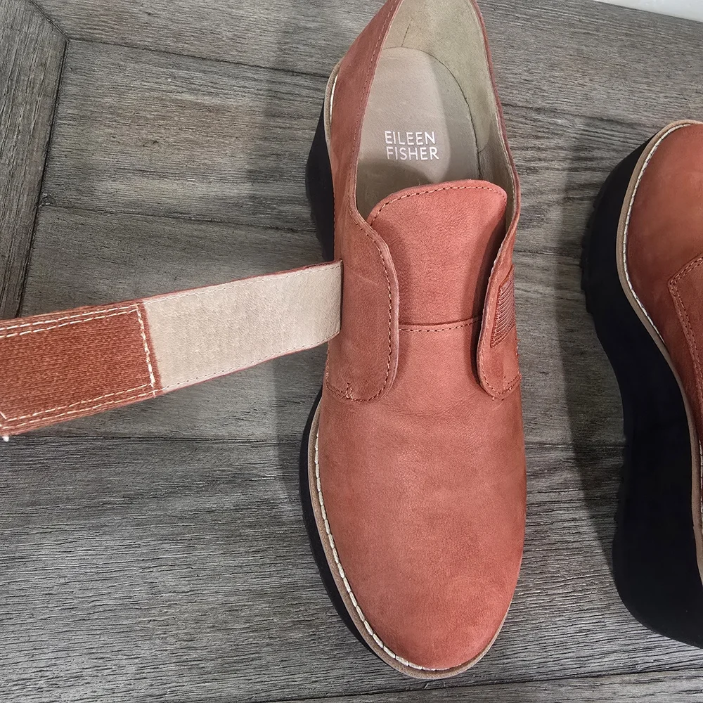 New Eileen Fisher Zola Platform Wedge Booties Clog Rust Suede 7.5 Boho Chunky